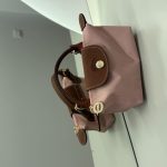 Pink Longchamp Le Pliage Mini handbag with brown leather accents.
