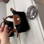 Black Longchamp Le Pliage Mini bag with brown handles and strap.