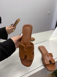 Hermes Oran Flat sandals, brown leather, women's fashion footwear.