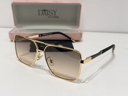 Versace sunglasses with gold frame and gradient lenses in case.
