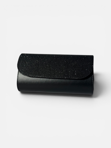 Elegant black women's clutch with glittery texture.