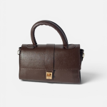 Elegant brown leather handbag with gold clasp for women.