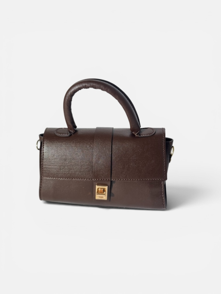 Elegant brown leather handbag with gold clasp for women.