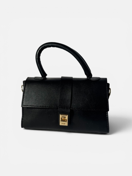 Elegant black handbag with gold clasp and handle.