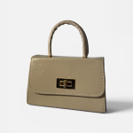 Elegant beige handbag with gold clasp and handle.