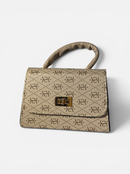 Elegant beige handbag with patterned design and gold clasp.