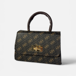 Elegant black handbag with gold accents and patterned design.