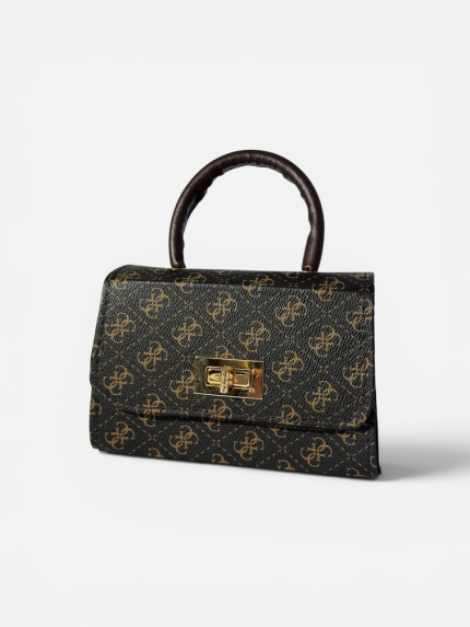 Elegant black handbag with gold accents and patterned design.