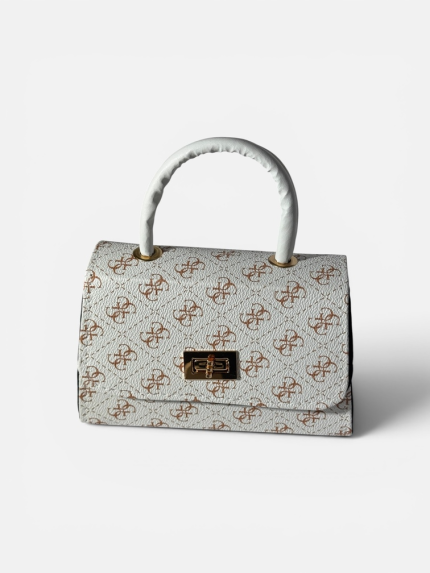 Elegant white handbag with patterned design and gold clasp.
