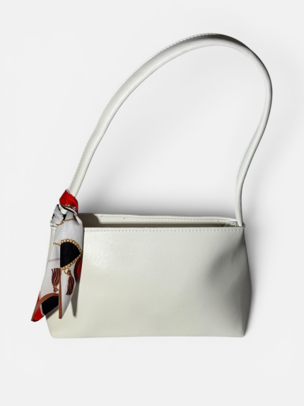Elegant white handbag with decorative scarf for women.