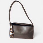 Elegant brown women's handbag with patterned scarf accent.