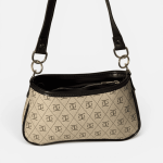 Elegant beige women's handbag with black straps and pattern.