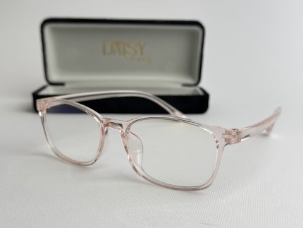 Syze Qetesuese Blue Control glasses with case, stylish pink frame.