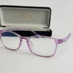 Purple blue light glasses with case, stylish protection.