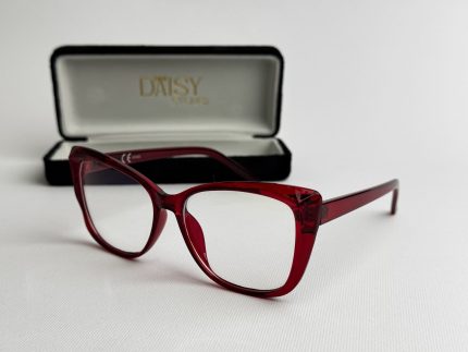 Red eyeglasses with case, stylish blue light protection.