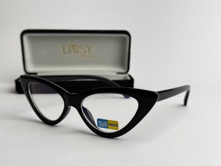 Black cat-eye glasses with blue light protection in case.