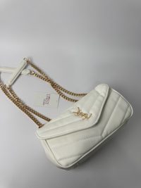 Elegant white YSL LouLou bag with gold chain strap.