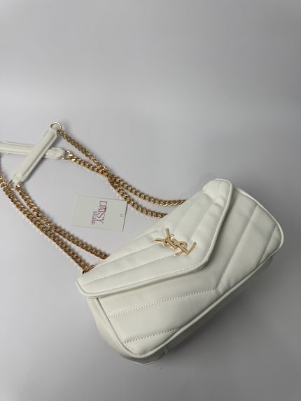 Elegant white YSL LouLou bag with gold chain strap.