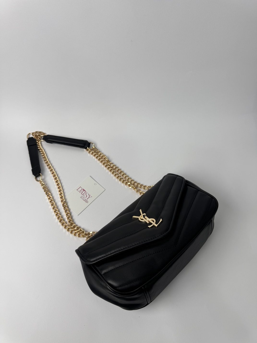ds-canta-008-kryesore Black YSL LouLou bag with gold chain strap on display.