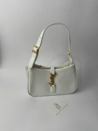 White YSL Le5A7 Hobo bag with gold logo and buckle.