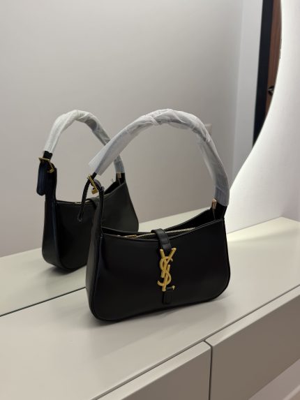 Çanta Femrash YSL Hobo, elegant black handbag with gold logo.