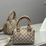 Louis Vuitton Speedy bag with checkered pattern and elegant design.