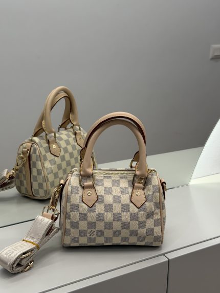Louis Vuitton Speedy bag with checkered pattern and elegant design.
