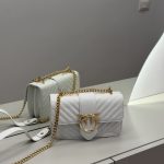 Elegant white handbag with gold chain and bird emblem.