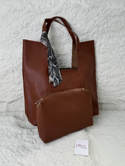 Brown tote bag with scarf, elegant style.