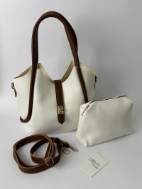 Elegant women's bucket bag set with brown trim and accessories.