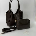 Elegant brown women's bucket bag with detachable strap and pouch.