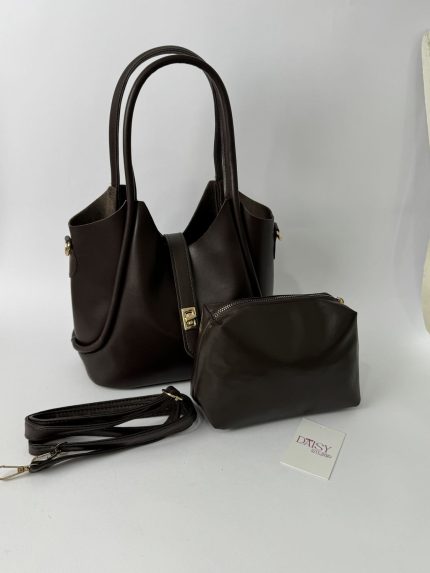 Elegant brown women's bucket bag with detachable strap and pouch.
