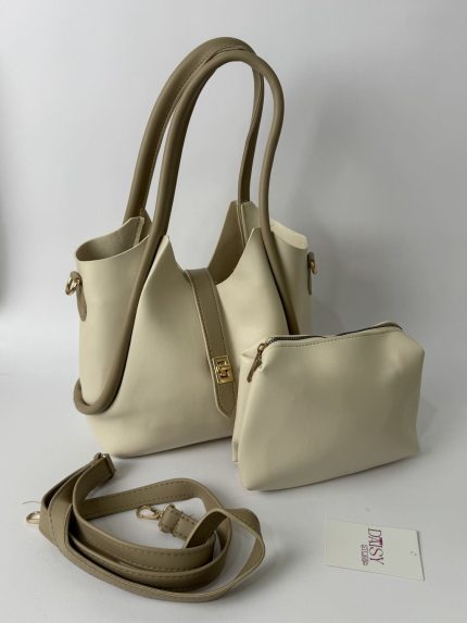 Elegant beige bucket bag with scarf from Daisy Store.