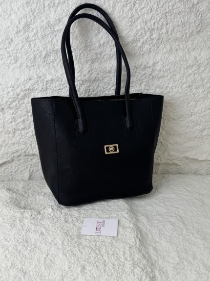 Elegant black university tote bag from Daisy Store on textured background.
