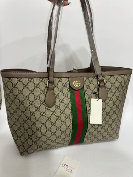 Gucci Ophidia GG Tote with iconic monogram and green-red stripe design.