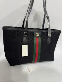 Gucci Ophidia GG Tote, black with green-red stripe, elegant design.