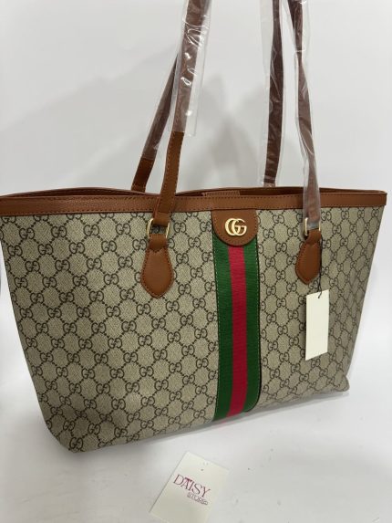 Gucci Ophidia GG Tote with iconic monogram and stripe design.