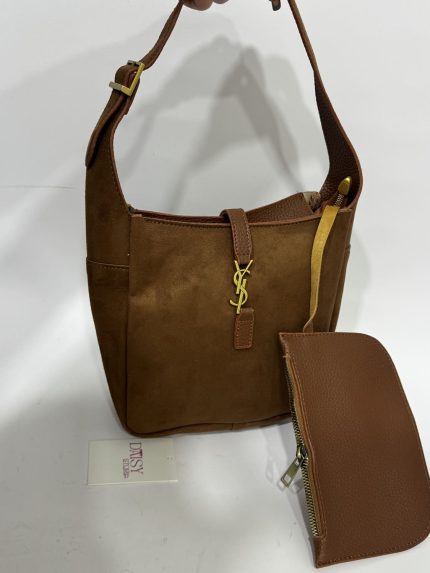 Brown YSL-style university bag with matching pouch on display.