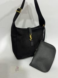 Black YSL style university bag with pouch and gold accents.
