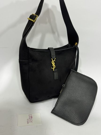 Black YSL style university bag with pouch and gold accents.