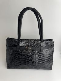 Black crocodile-pattern university handbag with handles.