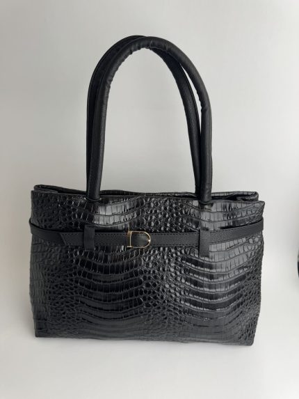Black crocodile-pattern university handbag with handles.