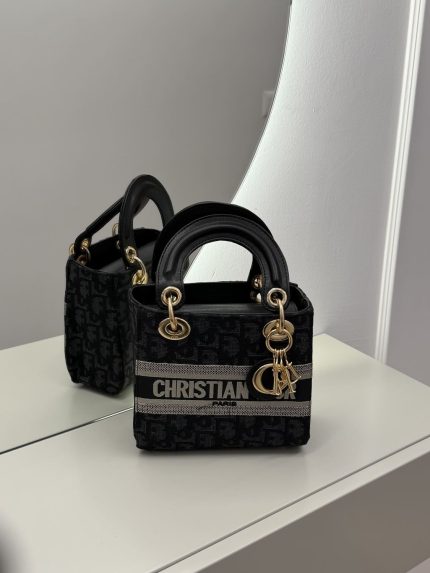 Christian Dior small handbag with logo, elegant design on mirror surface.