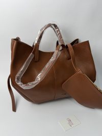 Brown Polene Tote Bag with small pouch on white background.