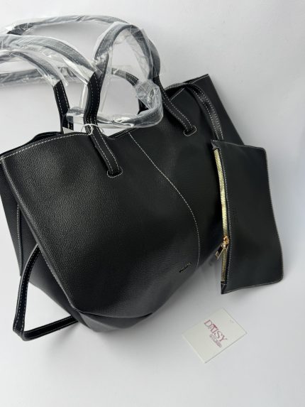 Black Polene Tote Bag with small pouch, elegant design.