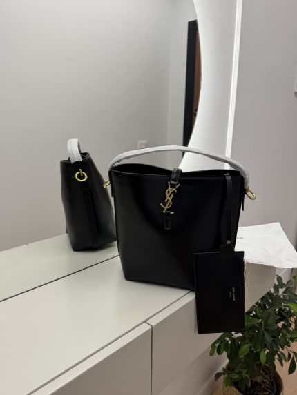 YSL black bucket bag for women, elegant and stylish design.