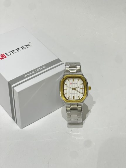 Ora Katrore Dial e Bardhë watch with silver band and box.