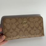 Brown patterned Louis Vuitton women's wallet on white background.
