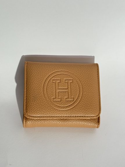 Tan leather wallet with embossed logo, elegant and stylish design.