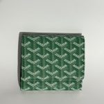 Green patterned Chanel women's wallet on white background.